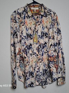 Robert Graham Multicolor Abstract Floral Cream and Navy Button-Up Shirt